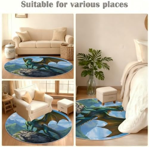 Dragon Round Rug - 2ft Small Western Dragon Round Area Rug for Entryway, Boy's Room Playroom Circle Rugs Washable Non-Slip Carpet for Bathroom Bedside Kitchen Decor Mat