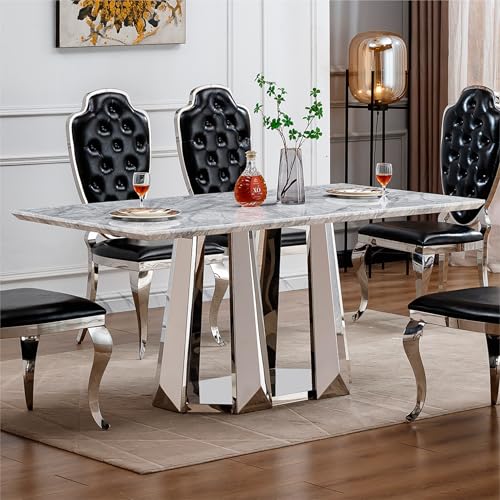 Marble Dining Table for 6 People, 70'' Rectangle Faux Marble Dining Table with Mirrored Stainless Steel Base, Large Size Marble Kitchen Table (Silver,Grey)(only Table)
