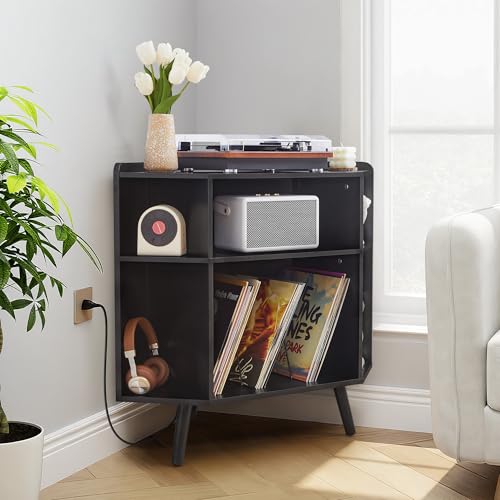 Corner Record Player Stand with Charging Station & USB Ports