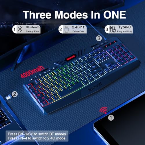 Redragon K503 Wireless Gaming Keyboard, 3-Mode (2.4G/BT/USB), RGB LED Backlit, Multimedia Keys, Fully Programmable Silent Membrane Keyboard with Wrist Rest for Windows PC Games (Black)