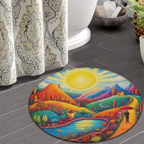 Large Round Area Rug Home Decor Modern Bathroom Rug Kitchen Office Circle Rug for Living Room Sofa Circle Cute Mat Colorful Red Cottage Landscape Art, 60inch