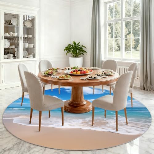 Ocean Theme Round Rug - 4ft Washable Ocean Round Area Rug for Living Room, Natural Landscape Circle Rugs Soft Non-Slip Carpet for Bedroom Kitchen Dining Table Decor Mat