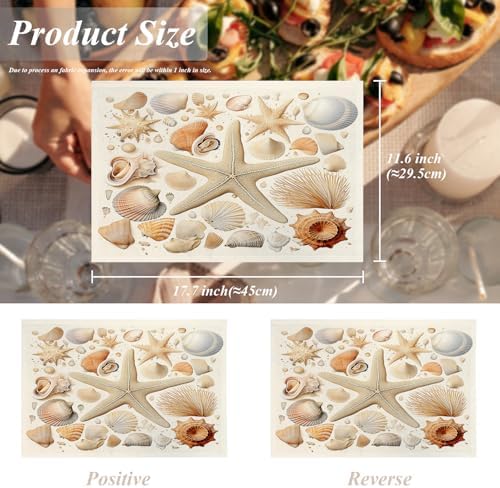Shrahala Seashells Starfish Set of 4 12 X 18 Inch Linen Placemats, Beach Collection Burlap Table Mat Washable Double Layered Heat Insulation for Indoor/Outdoor