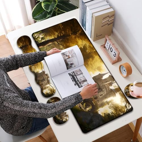 Mouse Pad Combo, Large Gaming Mouse Pad + Keyboard Wrist Support + Mouse Wrist Rest + Coaster, Table Pad 31.5 "x 11.8" with Memory Foam Ergonomic Wrist Pad Set, Fairytale Castle