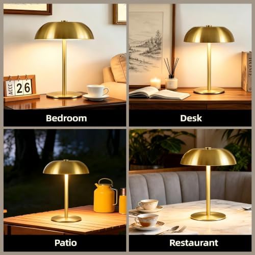 2 Pack Portable LED Mushroom Table Lamp, 12H Cordless Metal Night Light with Rechargeable Battery, Stepless Dimmable 3 Colors Desk Lamp for Bedroom Bar Coffee Shop(Brushed Gold)