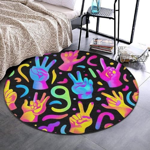 Large Machine Washable Circular Rugs, Home Decor Round Mat for Living Room Sofa Office Trippy Neon Hands