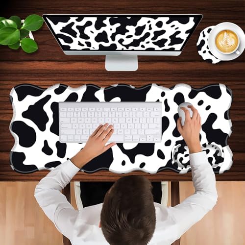 Mouse Pad with Wrist Support + Desk Mat + Coaster 3 in 1 Set, XL Large Gaming Mousepad Ergonomic Mouse Pads for Desk Computer Laptop Office,Cute Cow Print