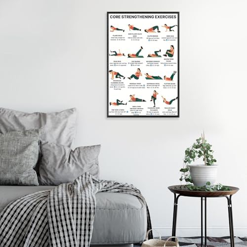 Core Strengthening Workout Poster, 16 Illustrated Abdominal Training Chart with Timing & Rep Guides, Bodyweight Abs & Obliques Exercise Reference for Home Gym Beginner Core Stability Fitness Routine(20x30inchs，Black Framed)