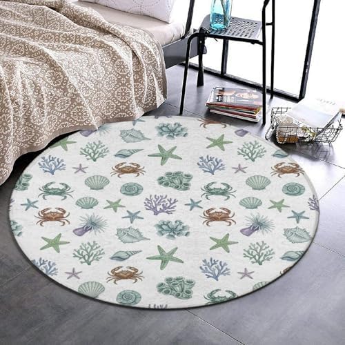 Large Home Decor Mat, Soft Round Yoga Carpet, Non Slip Machine Washable Home Office Circle Rug Under Sea Ocean Starfish Shell Coral Crab Watercolor, 60inch