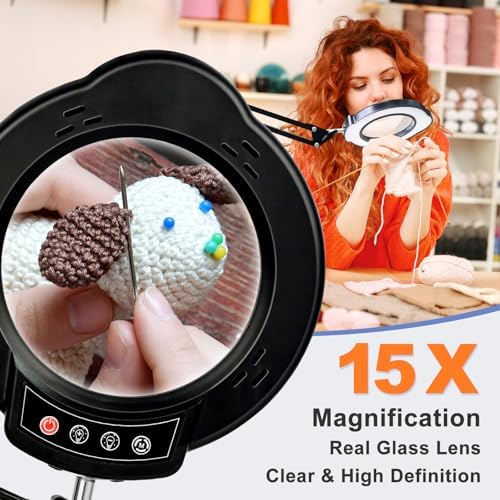 15X Magnifying Glass with Light and Clamp, Lighted Magnifying Glass Desk Lamp LED Magnifier Lamp with Light and Clamp 5 Color Mode 10 Brightness Dimmable Magnifier Lamp for Reading Close Work Craft
