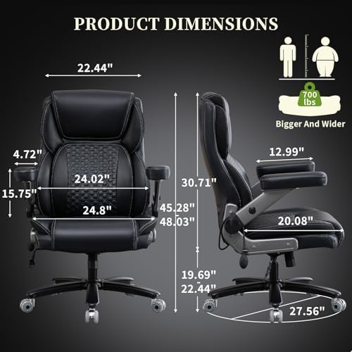 700lbs Big and Tall Office Chair for Heavy People with 5D Flip Armrests Heavy Duty Executive Chair with Adjustable Lumbar Support, Metal Base, Rubber Caster Wheels, Wide Seat for Sitting All Day