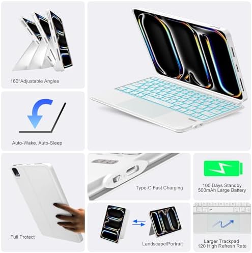 iPad Pro 11 inch Case with Keyboard (M5 M4 2025 2024), Magnetic Detachable Magic Keyboard, Multi-Touch Trackpad, Backlit, Landscape/Portrait, Adjustable Stand for Pro 11 6/5th Gen (White)