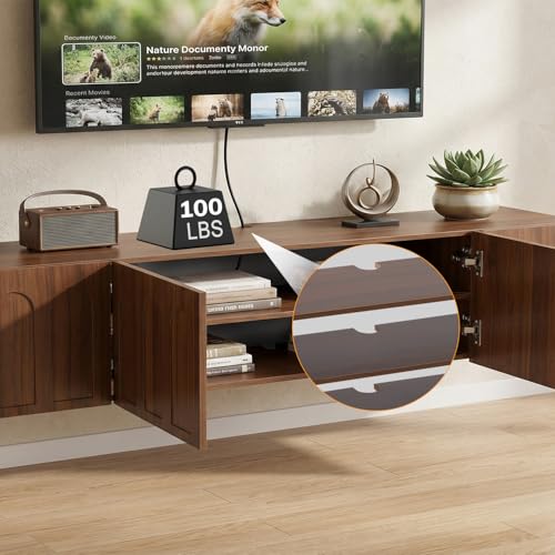 Floating TV Stand, 71 Inch, Wall Mounted, Walnut