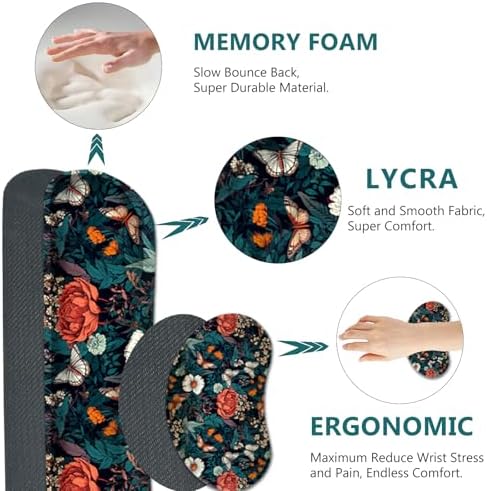 AIMSA XXL Large Gaming Mouse Pad Set with Wrist Rest, Retro Floral Butterfly Pattern, Multicolor, Fabric, Memory Foam, 4 in 1 Combo, Ultra-smooth, Non-slip, Stitched Edges