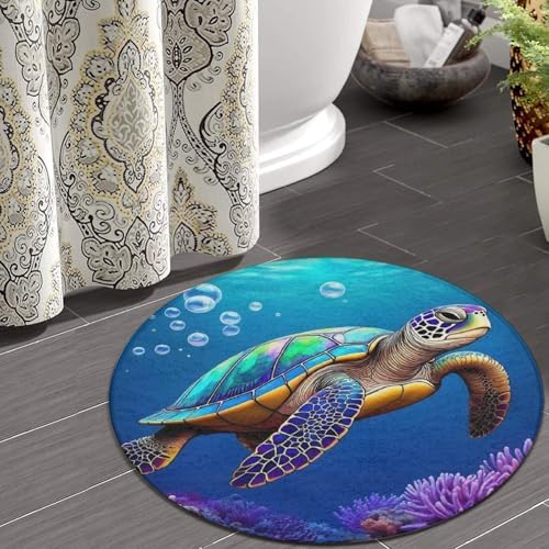 Fashion Round Area Rug Large Non Slip Carpet, Sea Turtle Unisex Home Decor Mat