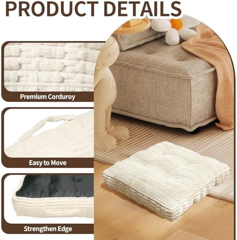Floor Cushions, Corduroy Floor Pillow, Floors Pillows for Adults & Pets, Large Floors Pouf, Square Floored Pillows for Sitting & Yoga(2PC, Beige White，22"×22"×5.9")