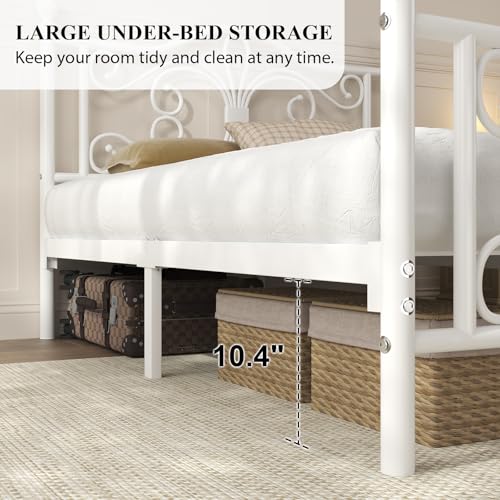 Full Size Bed Frame with Butterfly Pattern Design Headboard, White