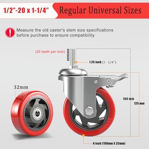 4" Heavy Duty Stem Caster Wheels 1/2 Threaded Stem Casters Set of 4