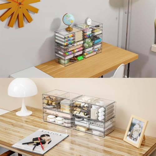 Yieach 3Pack Clear Drawer Organizers Stackable,Acrylic Storage Drawers With 10 Drawers,Multipurpose Office Supply Organizer and Makeup Organizer for Beauty,Craft,Pen,Medical,Stationary Desk Organizers