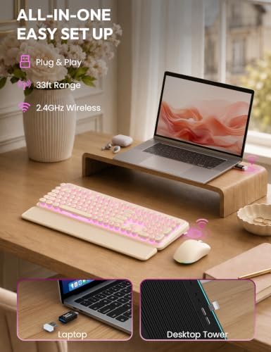 Wireless Keyboard and Mouse, Backlit Typewriter with Magnetic Wrist Rest