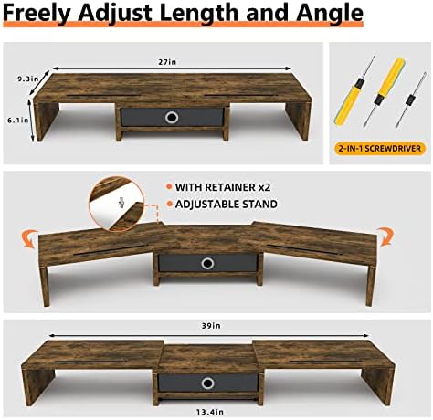 WESTREE Dual Monitor Stand Riser with Drawer, 3 Shelf Computer Monitor Riser with Adjustable Length and Angle, Desktop Monitor Stand Riser Storage Organizer for 2 Monitors