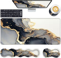 Keyboard Wrist Rest and Mouse Pad with Wrist Support Set Ergonomic Coaster,Memory Foam,Easy Typing Pain Relief,Large XL Desk Mat 31.5"x 11.8",Black Gold Marble