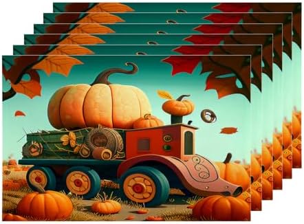 Shrahala Autumn Pumpkin Harvest Set of 6 12 X 18 Inch Linen Placemats, Trucks Rice Paddies Cartoons Art Burlap Table Mat Washable Double Layered Heat Insulation for Indoor