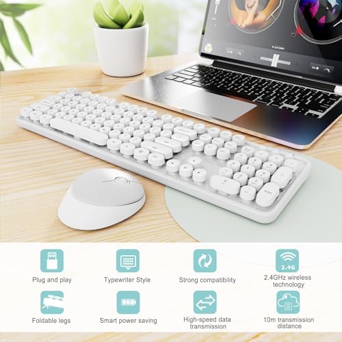 Wireless Keyboard and Mouse Combo, Ergonomic Full Size Typewriter Retro Round Keycaps Keyboard, Compatible with Windows, PC, Perfer for Home and Office Keyboards（White）