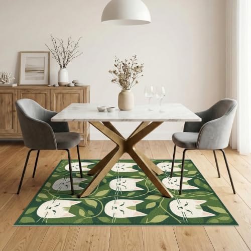 5'x7' Green Cat Forest Faces Interlinked by Washable Area Rug