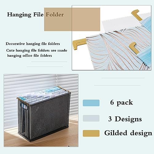 6 Pack Hanging File Folders Filing Cabinet Organizer Letter Size 1/5 Cut Adjustable Tabs Decorative for Home Office School Classroom, Gilding 9.3” x 12.8”…