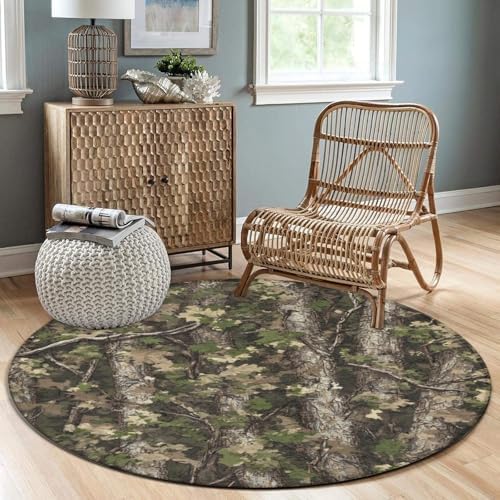Large Home Decor Mat, Soft Round Yoga Carpet, Non Slip Machine Washable Home Office Circle Rug Hunting Camo Tree Camouflage