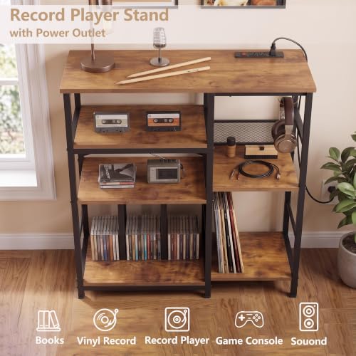 Record Player Stand with 300+ Vinyl Storage Shelves, Rustic Brown