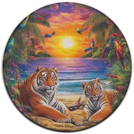 Home Decor Non Slip Kitchen Office Circle Rug, Machine Washable Modern Round Area Rug, Room Sofa Yoga Soft Round Carpet Tropical Tiger Animal World King Art, 60inch