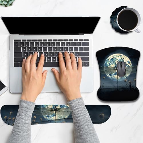 Keyboard Wrist Rest and Mouse Pad Wrist Support with Lace-Shaped Coaster Set, Ergonomic Gel Memory Foam and Anti-Slip Base, Easy Typing and Pain Relief - Dragonfly Moon