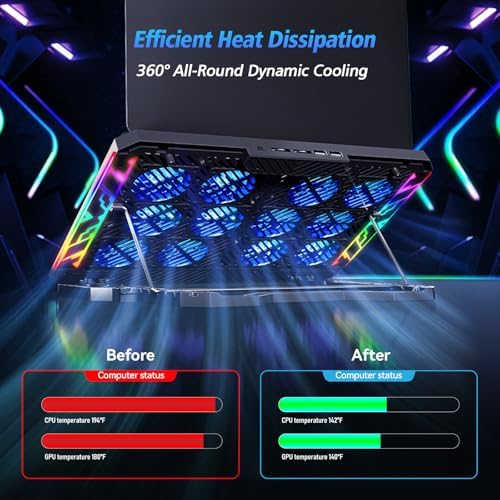 Laptop Cooling Pad with 12 Quiet Fans, Slim Portable for 12-17.3 Inch Laptop Cooler Stand with 5 Height Adjustable, Ergonomic Gaming Cooling Fan Pad with Two USB Ports & Phone Holder (Gear)