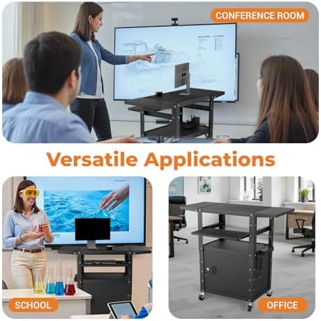 Mobile AV Cart with Pullout Keyboard Tray, Rolling Computer Cart Height Adjustable Rolling Media Utility Cart with Extra Storage Space, 4 Outlets, Perfect for Home or Office Use