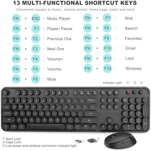 Wireless Keyboard and Mouse Combo, Ergonomic Full Size Typewriter Retro Round Keycaps Keyboard, Compatible with Windows, PC, Perfer for Home and Office Keyboards (Black
