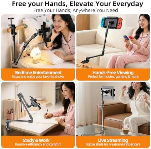 Portable Monitor Stand for 6-17.3 Inch Screens, Adjustable Foldable Monitor Arm Mount for Desk, Carbon Steel Portable Monitor Holder, 360° Rotatable Desktop Stand for Monitors, Tablets & Gaming