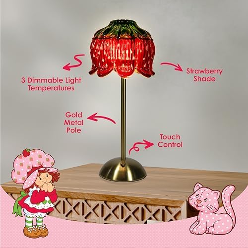 Strawberry Shortcake Touch Lamp- Red Glass Strawberry Shade, USB-C Rechargeable, 3 Dimmable Light Temperatures, LED Desk Lamp, Brush Brass Base & Pole, Cute Décor for Girls' Bedroom, Housewarming Gift