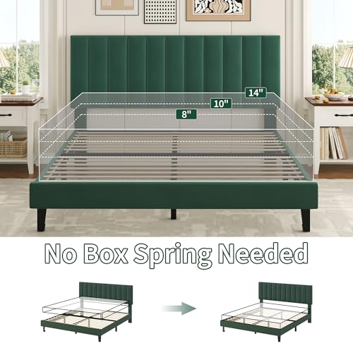 Queen Size Platform Bed Frame with Upholstered Headboard, Dark Green