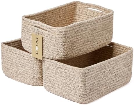 MiniArk Small Storage Baskets for Organizing | Closet Organizer Bins | Shelf Toy Basket | Woven Rope Baskets | Cube Decorative Box | Shallow Basket | 13x8.5x5.1” | 3 Packs Mixed Brown
