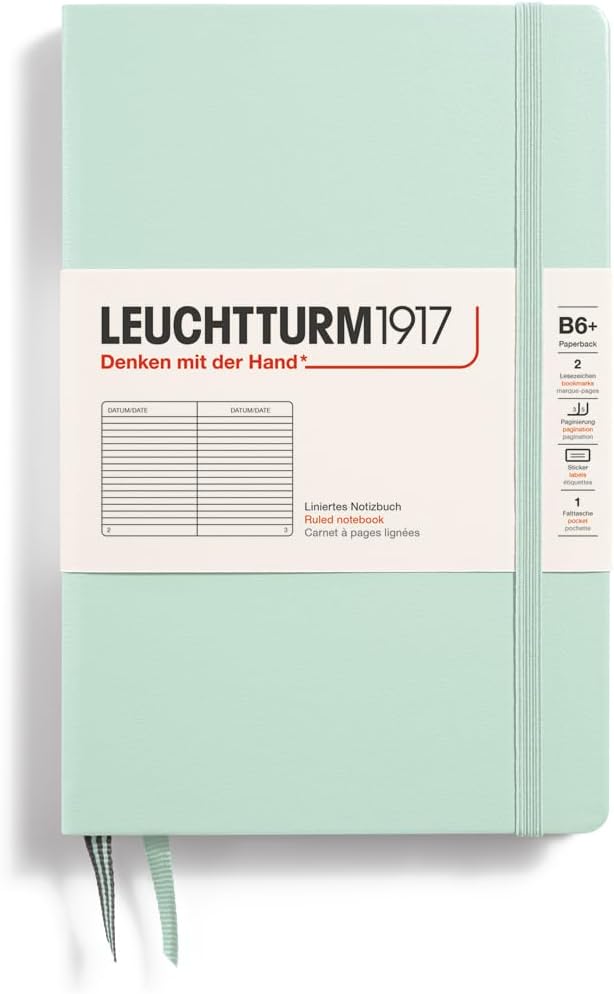 LEUCHTTURM1917 - Notebook Hardcover Paperback B6+ - 219 Numbered Pages for Writing and Journaling (Mint Green, Ruled)
