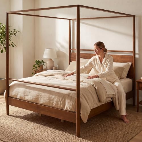 Queen Size Wood Canopy Bed Frame, Walnut Vintage Four-Posters Frames