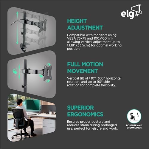 ELG Monitor Arm Desk Mount, Adjustable Height, 17-34" Screens up to 15.6 lbs, 360° Rotation, Heavy-Duty Steel with Epoxy Coating, VESA 75x75 to 100x100mm, Cable Organizer, Black
