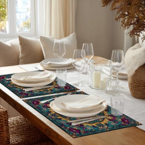 Shrahala Exotic Rich Color Placemats, Ornate Details Swirling Forms Table Mat Linen Burlap Washable Double-Deck Heat Insulation for Dining/Kitchen Table Set of 8 (12 X 18 Inch)