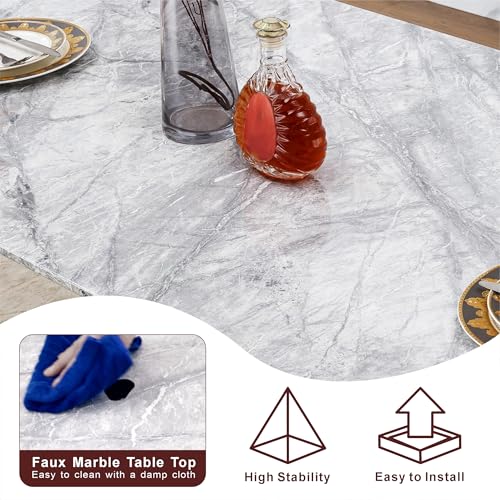 Marble Dining Table for 6 People, 70'' Rectangle Faux Marble Dining Table with Mirrored Stainless Steel Base, Large Size Marble Kitchen Table (Silver,Grey)(only Table)