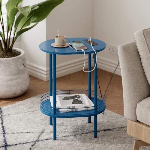 Small Oval Side Table with Charging Station, 2-Tier Blue Round End Table