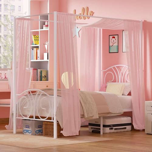 Twin Canopy Bed Frame, Vintage Scrollwork Headboard, Pure White