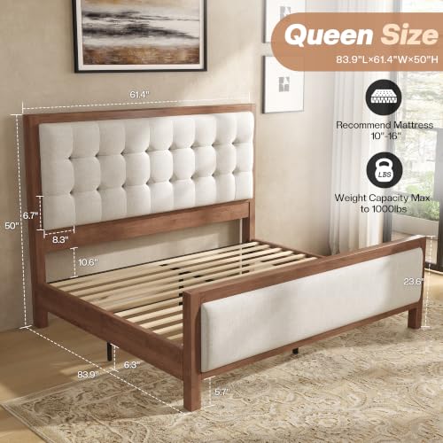 Queen Solid Wood Bed Frame 50" Tall Headboard&Footboard, Walnut