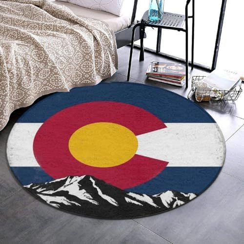 Large Home Decor Mat, Soft Round Yoga Carpet, Non Slip Machine Washable Home Office Circle Rug Colorado Flag Vintage Mountain